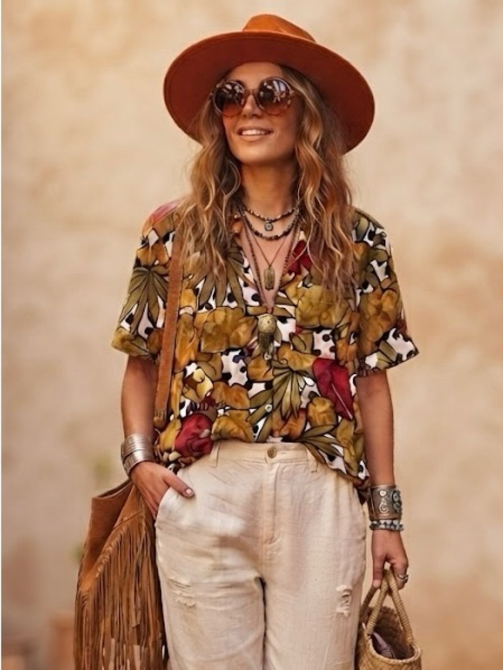 Vintage Allure Tropical Parrot Print Button-Down Shirt Mustard Red White Boho